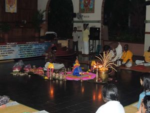 Ceremonial setup for the anniversary of Swami Sivananda's passing.